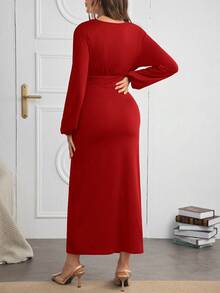 SHEIN 孕妇婴儿派对女士连衣裙，带袖纯色V领褶皱连衣裙 - 紅色 - 查看 2