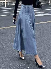 DAZY 女士优雅百褶牛仔裙 - 淺色水洗藍 - 查看 5