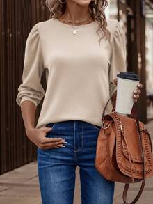 EMERY ROSE Women's Solid Color Round Neck Puff Sleeve Casual Versatile T-Shirt - Apricot - View 6