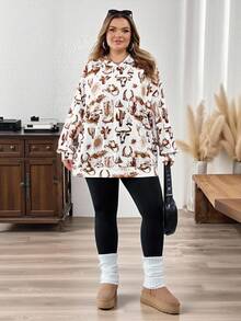 SHEIN CURVE+ 休闲简约豹纹和樱桃印花连帽宽松厚款女士运动衫，秋冬女装，冬季，CURVE PLUS - 彩色 - 查看 8