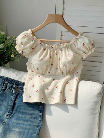 Tween Girls Cherry Print Ruched Detail Round Neck Short Sleeve T-Shirt