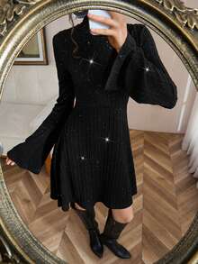 Opuloom Women's Autumn Fashion Elegant High Neck Fitted Long Sleeve A-Line Short Warm Knit Dress, Suitable For Daily Outings, Gatherings And Parties