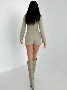 Aloruh Women's New Collared V-Neck Slim-Fit Jumpsuit, Cinched Waist, Elegant Holiday Wear, Beachwear, Carnival Outfit, Casual Skirt-Pants, Elegant Jumpsuit, Vacation Tea Break Attire. - Khaki - View 2