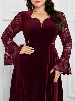 Modelyn فستان أنيق بأكمام واسعة مزين بالدانتيل للمرأة ذات الحجم الكبير