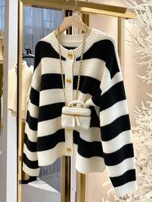 GlowEve CURVE Plus Size Striped Knit Cardigan, Loose And Slimming, Casual Outerwear For Autumn/Winter - Apricot - View 4