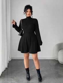 Elenzga 大码女装秋冬新款高领弹力针织修身优雅纯色连衣裙 - 黑色 - 查看 4