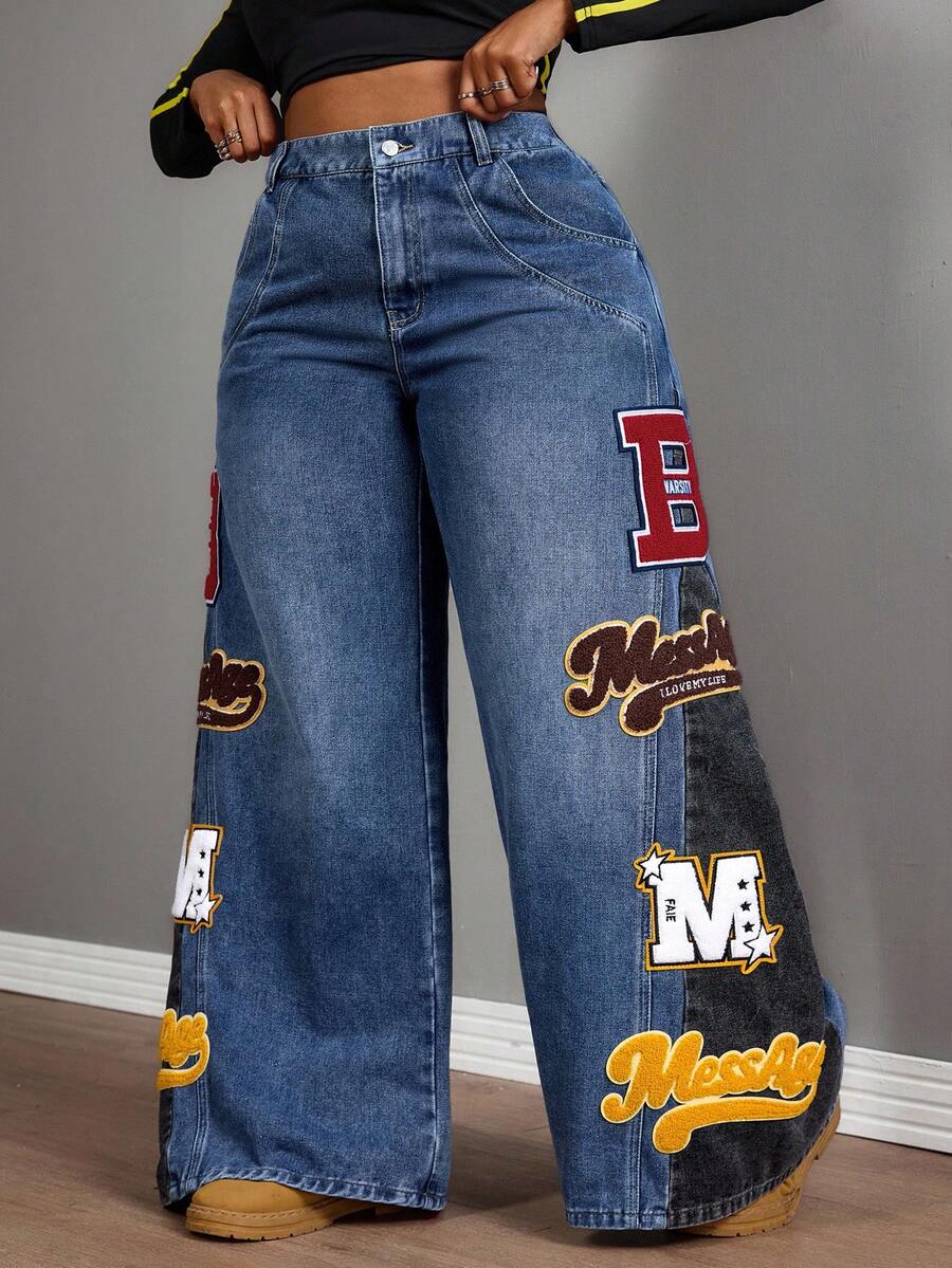 Slaydiva Winter Plus Size Women's Loose Fit Distressed Embroidered Patchwork Design Washed Denim Wide Leg Jeans - Medium Wash - View 1