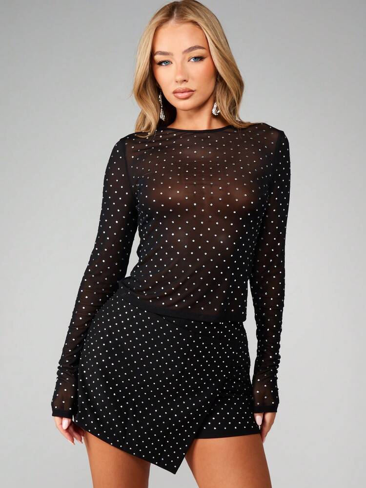 MISSGUIDED Embellished Asymmetric Mini Skort With Metallic Studs Party Nightclub Bodycon Sparkle