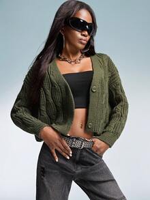 Aveloria GENKIRA Cable Knit Drop Shoulder Cardigan Oversized Sweater  - Army Green - View 4