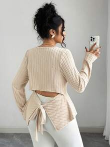 Elenzga Women's Solid Color Round Neck Long Sleeve Backless Twist Rib Casual Top, Autumn/Winter - Apricot - View 6