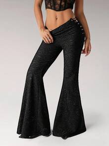 SHEIN ICON Women's Knitted Jacquard Semi-Sheer Side Hollow Lace-Up Flare Pants, Low Waist - Black - View 1