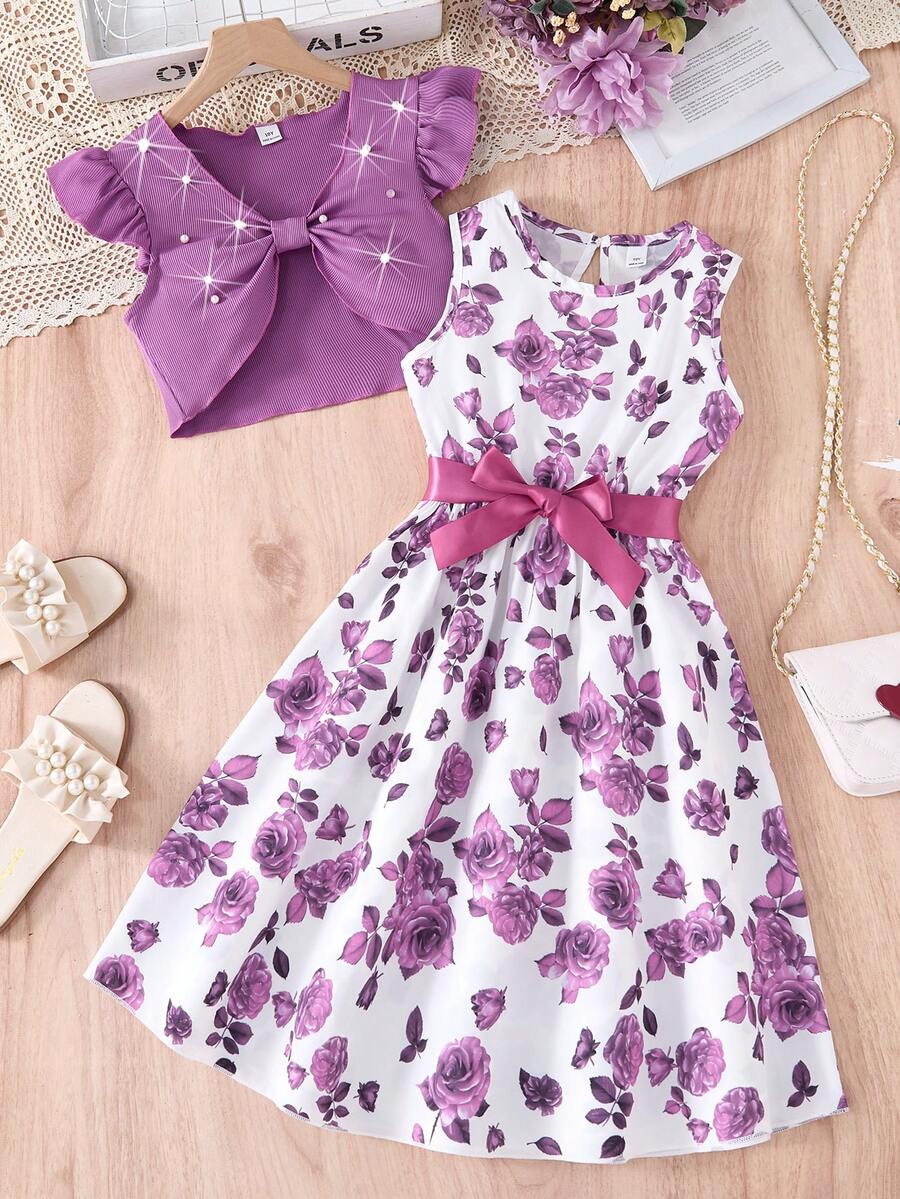 SHEIN 2 件套青少年女孩优雅盖袖串珠上衣和花卉印花连衣裙(配腰带),适合春夏季、假日、夏季、旅行 - 紫色 - 查看 1