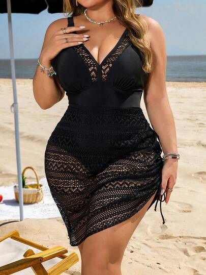 Swim Lushoire Traje de baño tankini de talla grande con falda, de tela negra y tela jacquard de punto, con cuello en V, tirantes ajustables, cordón con túnel, elegante y sexy para la playa y vacaciones casuales