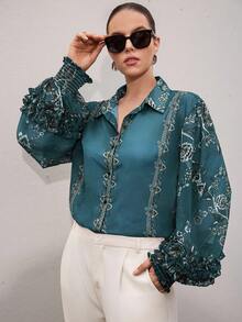 Aveloria Modichic Elegant Random Chiffon Contrast Color Floral Print Layered Frill Cuff Long Sleeve Blouse - Green - View 4