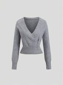 Sweetra Neuer Grauer asymmetrischer Kragen Kreuz-V-Ausschnitt modischer urbaner eleganter vielseitiger Pullover mit langen Ärmeln für Damen, Herbst/Winter