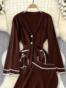 DreamSkyne Kontrastfarbiges, minimalistisches Langarm-Top und Hosen Pullover Set in Große Größen, Alltagskleidung