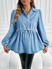 SHEIN 孕妇休闲宽松长袖蓝色牛仔上衣 - 淺色水洗藍 - 查看 5