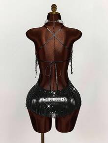 Amplova Bộ đồ liền thân hở lưng tua rua đính kim sa Halloween COS - màu đen - Xem 7