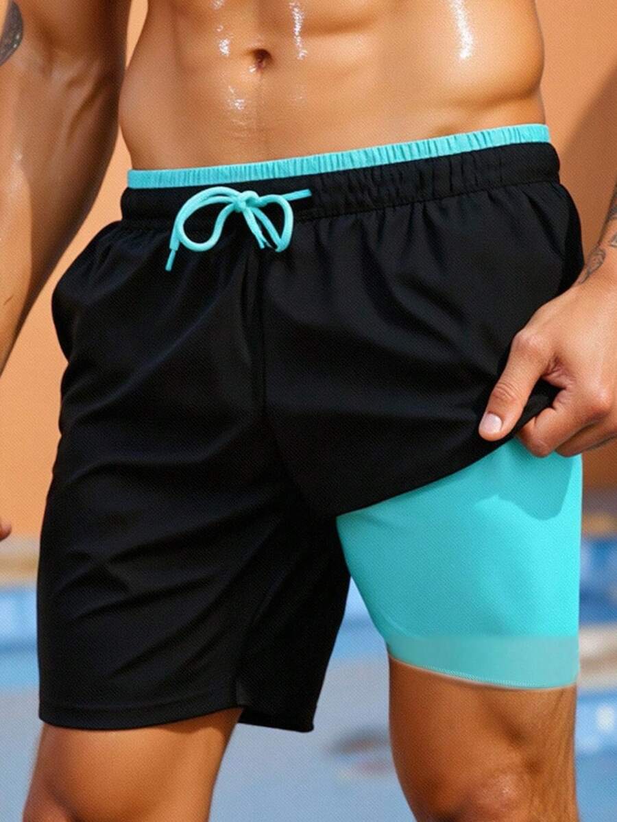 SHEIN Teen Boys Casual 2 In 1 Swimtrunks, Beach Shorts, Swimwear, Suitable For Beach Party, Music Festival, Surfing, Swimming, Spring/Summer