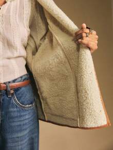 Poéselle Boho Sherpa Lined Embroidered Jacket For Women - Vintage Western Fleece Coat, Boho Embroidered Faux Shearling Jacket For Women - Cozy Sherpa Lined Western Coat, Warm Button Down Outerwear,Oversized Button Down Outerwear, Fall Winter Must-Have,Vintage Embroidered Fleece Jacket, Autumn/Winter - Brown - View 9