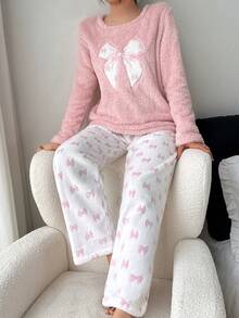 SHEIN Women's Cozy Pajama Set, Fluffy Long Sleeve Top With Bow Embroidery, Bow Print Pants, Cute Round Neck, Autumn/Winter - Pink - View 3