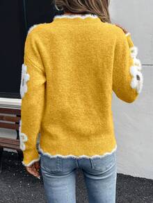 EMERY ROSE 女式优雅花卉图案蕾丝边针织上衣 - 黃色 - 查看 2