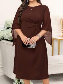 Reflora Vestido elegante de talla grande de unicolor con cuello redondo, mangas medianas y cintura plisada - Marrón - Ver 8