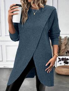 SHEIN LUNE Áo len xẻ tà dài họa tiết thanh lịch dành cho nữ - Màu xanh hải quân - Xem 5