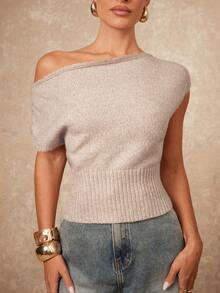 Lumalex 早春女士纯色不对称领毛衣，适合通勤、奢华舞会、聚会、宴会、低调奢华的节日派对、锐舞派对、音乐节、郊游、度假、户外活动、婚礼季、宰牲节、新年派对等场合，是早春正式新年夜派对的理想之选，优雅的派对礼服，女士毛衣。 - 卡其色 - 查看 11