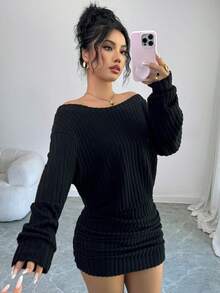 SHEIN PETITE PETITE Women Casual Versatile Off Shoulder Ribbed Long Sleeve Short Bodycon Dress, Suitable For Autumn/Winter, Thanksgiving, New Year - Black - View 1