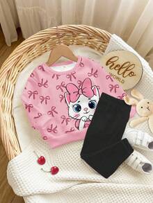 2pcs/Set Baby Girl Casual Loose Thick Soft Round Neck Long Sleeve Sweatshirt And Leggings Set, Black & Cream Pink, Cute Cartoon Cat, Leopard Bow Print, Suitable For Autumn & Winter