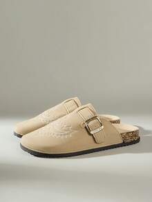 Solecia 纯色刺绣，金属扣装饰，按扣闭合，厚底舒适，软木底，厚底凉鞋，适合户外、通勤、休闲、日常穿着 - 卡其色 - 查看 2