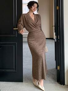 DAZY 秋冬季宽松商务休闲优雅V领长袖T恤和美人鱼裙两件套，适合新年、圣诞节、婚礼、派对、正式场合 - 棕色 - 查看 2