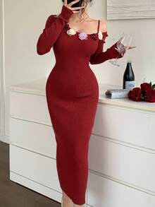 DAZY Váy đuôi cá ôm sát đính hoa thanh lịch dành cho nữ, phù hợp cho năm mới, Giáng sinh, đám cưới, tiệc tùng, váy dạ hội, mùa thu/đông/xuân - Đỏ - Xem 9