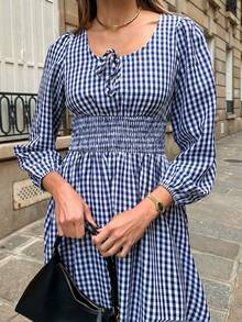 Pariaura 波西米亚风格蓝白格子灯笼袖连衣裙，褶皱腰方领设计，日常办公室修身长款格子连衣裙甜美风格蓝白格子方领连衣裙，灯笼袖和褶皱腰，复古修身长款摇摆格子连衣裙法式优雅蓝白格子灯笼袖连衣裙，褶皱腰方领，修身长款摇摆办公室连衣裙 - 寶藍色 - 查看 4