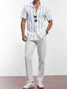 Manfinity Homme Men's Casual Striped Polo Collar Shirt  Men's Casual Preppy Baby Blue Striped Woven Fabric Short Sleeve Regular Fit Shirt With Collar And Pocket Detail Men Beach Shirts Button Up Shirts For Men Summer Mens Resort Wear Greece Vacation Outfit Men Men Stripe Button Up Shirt