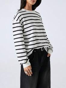 LYSMO 2025 New Arrive Minimalism Winter Striped Print Sweatshirt Graduation,Back To School,Graduation,Teacher For Women,Back To School In Fall/Winter Winter For Women New Year Look And Christmas For Women For Going Out, Streetwear, And Stockholm Style - Black and White - View 6