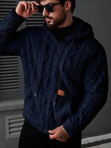 Manfinity CasualCool Men's Zip Front Drawstring Hooded Fleece Long Sleeve Jacket, Autumn/Winter Navy Blue Outerwear Men Sweater Jacket Woolen Jacket Men Navy Blue Jacket - Navy Blue - View 4