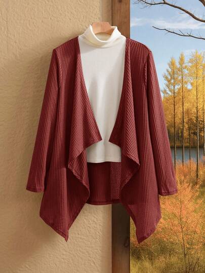 Rusticease Plus Size Winter Fashion Asymmetrical Collar Design Long Knit Cardigan For Going Out And Work