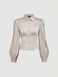 SHEIN MOD Áo sơ mi nữ tay loe vai trơn màu thông thường, cài nút phía trước, phong cách mùa thu, Goth, hòa nhạc đồng quê, Grunge, Boho, phong cách quý tộc cổ điển, phương Tây, trở lại trường, thường ngày, áo đi chơi - Màu be - Xem 2