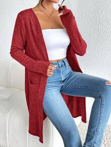 SHEIN Essnce Dual Pocket Open Front Coat Without Cami Top In Fall/Winter Red For Women's Summer Red Cover Up Red Sweater Red Coat - Rose Red - View 6
