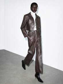 Lumivelle Women's Fashion Lapel Fitted Long Sleeve Jacket + Straight Leg PU Leather Pants Suit Brown Leather Pants Leather Suit Leather Outfit - Coffee Brown - View 4