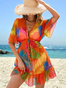 Swim Lushoire 女式度假海滩植物印花透明罩衫连衣裙夏季 - 橘色 - 查看 3