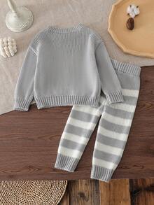 Baby Girls' Cute Heart Pattern Crew Neck Sweater And Striped Knit Pants 2Pcs Set,Autumn Winter Grey Knitted Outfits For Family Matching - Grey - View 2