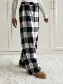 SHEIN Tall Women's Tie-Waist Fluffy Plaid Print Casual Wide Leg Baggy Pants Black And White Plaid Pants Wide Leg Pants Striped Palazzo Pants Wide Leg Striped Pants Palazzo Pants Women Fall Winter Thickened Pants