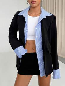 SHEIN Unity Color Block Striped Patchwork Women Blazer Jacket, 2 In 1 Design Fall Cloth For Women