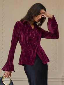 Zanirela French Pleated Waist Long Sleeve Velvet Casual Fashionable Blouse - Burgundy - View 3