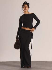 MUSERA Asymmetric Shoulder Long Sleeve Top With Tie Side Wrap Over Maxi Skirt Set Autumn Winter Co-Ord Casual Going Out Sexy Halloween Everyday Night Out Cute Cosy Tusk Christmas Party Elegant  Chic