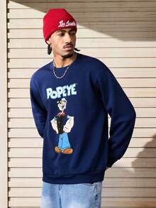 Popeye X SHEIN Hanorac bărbătesc casual cu guler rotund, cu litere și figuri de desene animate, toamnă, mânecă lungă