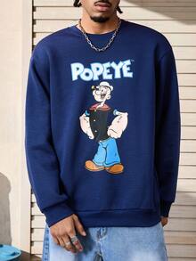 Popeye X SHEIN Hanorac bărbătesc casual cu guler rotund, cu litere și figuri de desene animate, toamnă, mânecă lungă